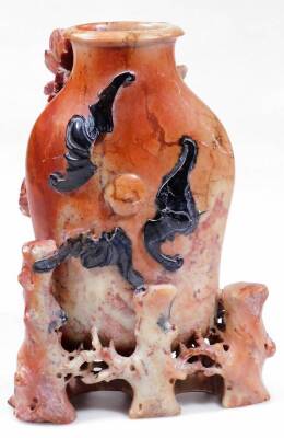 A fine large 19thC Chinese carved soapstone vase, in tones of green and russet carved in high relief with phoenix, pheasants and peonies on a pierced treestump base, 28cm H. - 3