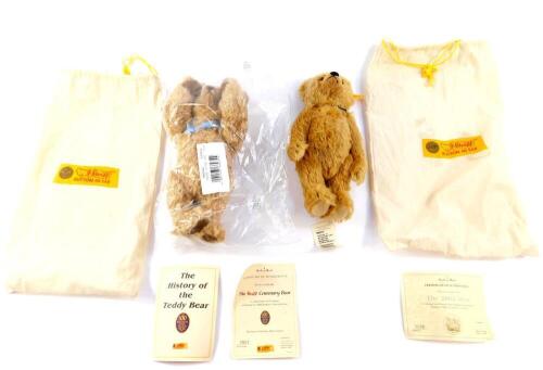 Two Steiff for Danbury Mint teddy bears, comprising golden mohair 2002 Centenary Bear, USA Anniversary 1902-2002, with certificate of authenticity, ear tag, yellow label, and growler, No. 660337, 31cm H, and The Steiff Centenary Bear 2002, golden mohair,