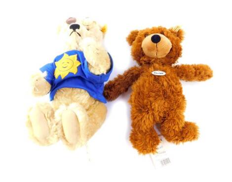 A Steiff Sunny Summer growler teddy bear, with ear tag and yellow label, no. 654473, 33cm H, together with a Steiff Charly teddy bear, with ear tag and yellow label, 28cm H. (2)