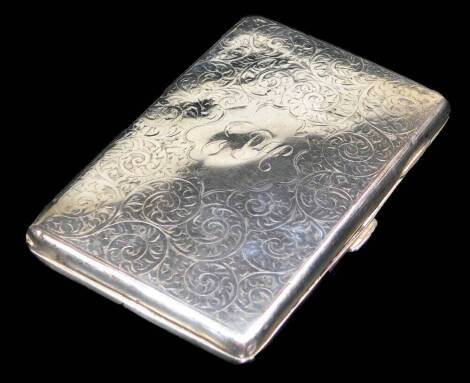 A George V silver cigarette case, of rectangular form, partially engine turned and initialled, with a silver gilt interior and inner strap work, Chester 1916, 13cm W, 5oz.