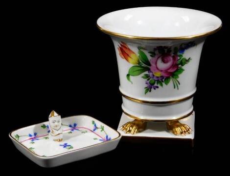 A Herend of Hungary handpainted porcelain vase, decorated with flowers with gilt highlights, 10cm H and a shaped pin dish. (2)