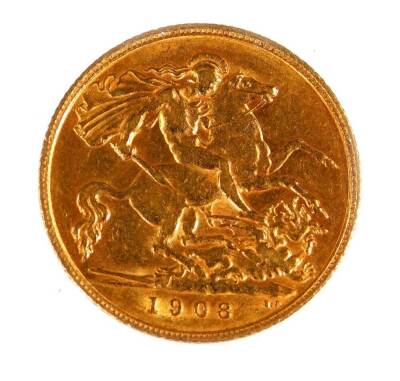 An Edwardian gold half sovereign, 1908.