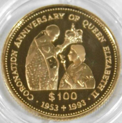 A Tuvalu 14ct gold proof hundred dollar anniversary crown, 1953-1993, in outer pouch with paperwork.