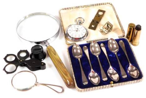 Various bygones, collectables, etc. a magnifying glass, 24cm W, eye glass jeweller's loop, cased set of Chester silver spoons, etc. (a quantity)