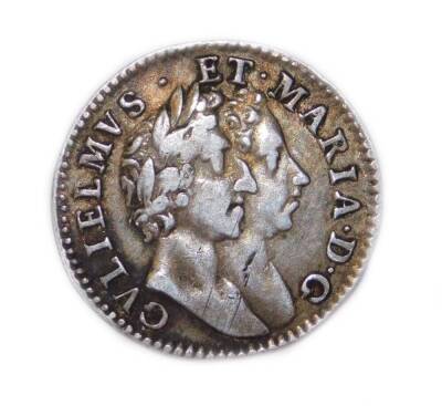 A William & Mary silver four pence coin, first bust, 2cm W. - 2