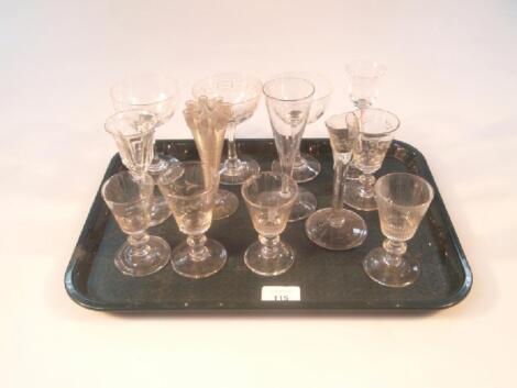 Antique wine glasses, flutes and port wine glasses etc