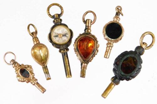 Six various watch keys, early 20thC and other, to include some set with jewels, semi-precious stones, etc. 3cm H, etc. (6)
