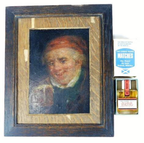 18thC School. Figure drinking a quart of ale, oil on panel, 15cm x 10cm and miniature Cumbrae Supply Paisley 'world's smallest bottle' of Scotch whisky. (2)