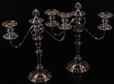 Various silver plated ware, to include an oval tea tray of part gadrooned outline with pierced handles, 49cm W, a pair of three branch candelabra, sauce boats, part tea service, etc. (a quantity) - 2