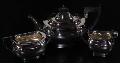 Various silver plated ware, to include an oval tea tray of part gadrooned outline with pierced handles, 49cm W, a pair of three branch candelabra, sauce boats, part tea service, etc. (a quantity) - 3