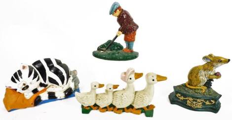 Various painted metal decorative doorstops, to include comical cat and mouse, 27cm W, golfer, ducks, etc. (a quantity)