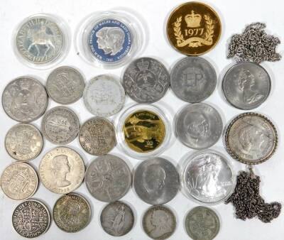 Various coin, etc., commemorative and other coins, a cased Prince of Wales and Lady Diana Spencer commemorative coin, 1947-1972 crown on chain, other mounted coins, a Silver Jubilee coin, a silver proof Prince of Wales and Lady Diana Spencer. (a quantity