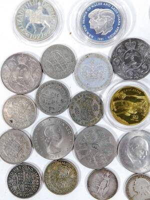 Various coin, etc., commemorative and other coins, a cased Prince of Wales and Lady Diana Spencer commemorative coin, 1947-1972 crown on chain, other mounted coins, a Silver Jubilee coin, a silver proof Prince of Wales and Lady Diana Spencer. (a quantity - 2