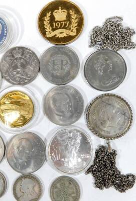 Various coin, etc., commemorative and other coins, a cased Prince of Wales and Lady Diana Spencer commemorative coin, 1947-1972 crown on chain, other mounted coins, a Silver Jubilee coin, a silver proof Prince of Wales and Lady Diana Spencer. (a quantity - 3