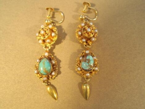 A pair of yellow metal seed pearl and turquoise pendant drop