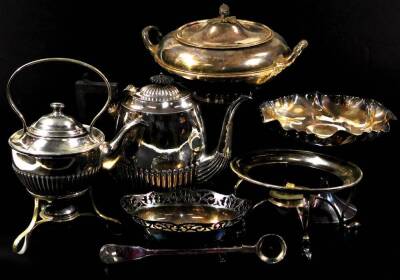 Various silver plated ware, to include a spirit kettle on stand, 28cm H, part service, serving dishes, etc. (a quantity)