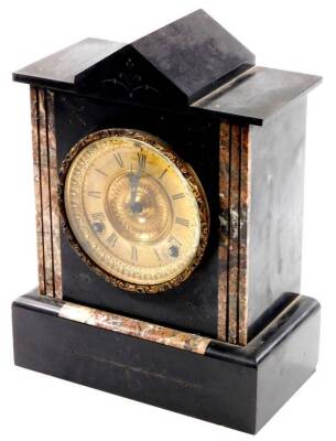 A Victorian black slate and marble mantel clock, in an architectural design case, set with coloured sections of marble, the fancy 12cm Dia. dial with Roman numerals, revealing an 8-day movement.