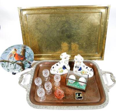 A Middle Eastern brass tray, of rectangular form, decorated with a repeat geometric and floral pattern, 61cm W, a further tray, five drinking glasses, two Staffordshire figures, collectors plate, glass preserve on stand, two cased eggs and a patch box.