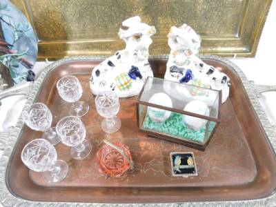 A Middle Eastern brass tray, of rectangular form, decorated with a repeat geometric and floral pattern, 61cm W, a further tray, five drinking glasses, two Staffordshire figures, collectors plate, glass preserve on stand, two cased eggs and a patch box. - 2