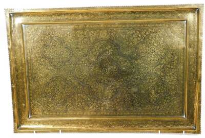 A Middle Eastern brass tray, of rectangular form, decorated with a repeat geometric and floral pattern, 61cm W, a further tray, five drinking glasses, two Staffordshire figures, collectors plate, glass preserve on stand, two cased eggs and a patch box. - 4