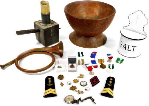 Various bygones, collectables, etc. a copper and brass horn, treen footed bowl, 23cm H, enamel wall hanging salt box, various jewellery, candle stand, etc. (a quantity)