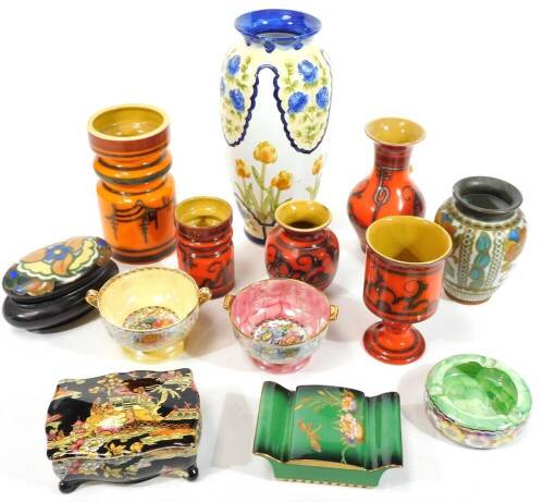 A Carltonware Vert Royale lidded dish and cover, 14cm W, two Gouda vases, another similar, a Maling Peony Rose pattern dish, large Moorcroft type vase (unmarked), etc. (a quantity)