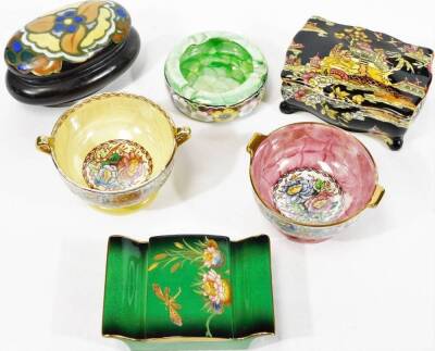 A Carltonware Vert Royale lidded dish and cover, 14cm W, two Gouda vases, another similar, a Maling Peony Rose pattern dish, large Moorcroft type vase (unmarked), etc. (a quantity) - 2