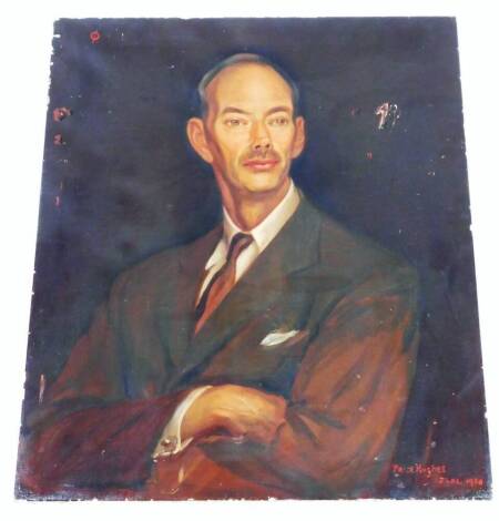 Price Hughes (fl.1950). Portrait of a gentleman quarter profile with arms crossed, upper monogram, oil on canvas, signed and dated June 1950, 76cm x 64cm.