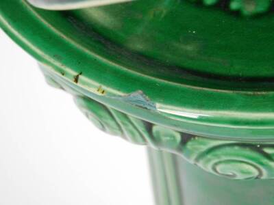 A late 19thC Majolica jardiniere on stand, in green glazes, with moulded jardiniere, on separate cylindrical stem and circular foot, 95cm H, the jardiniere 35cm W. - 3