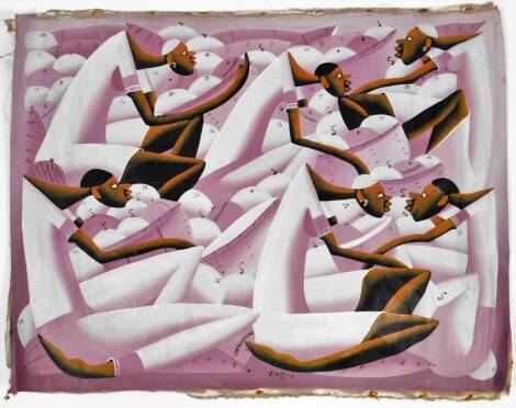 Casimir (20thC Haitian) . Elongated figures, surrealist image, oil on canvas, indistinctly signed, 73cm x 98cm, (unframed).