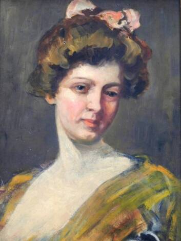 20thC English School. Portrait of a lady quarter profile, oil on board unsigned, 49cm x 29cm.