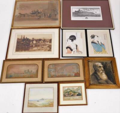 Various prints, pictures, etc. After Rudge, The Bedford Times, engraved plate 32cm x 54cm, various engravings, prints, pictures, blocks, small watercolours, reproduction Dover Castle side on map, etc. (a quantity)