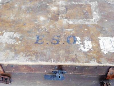 An early 20thC travel trunk, with Wagstaff & Sons, 23 Boscombe Arcade label, of rectangular form, initialled ESO with various part luggage labels, 66cm W, further cases, satchel, a vanity case and a pair of black leather hunting boots. (a quantity) - 4