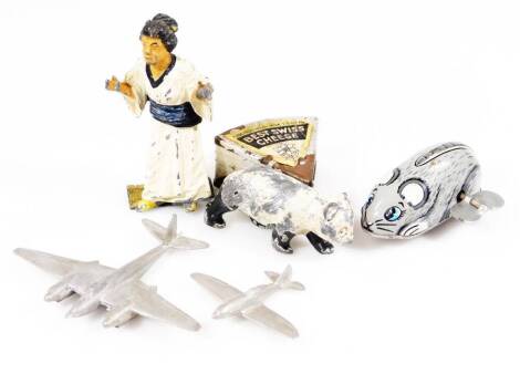 Various collectable items bygones etc., a lead figure of a Chinese lady in flowing robes, 9cm H, tin plate clockwork mouse, figure of a panda, Best Swiss Cheese plate and two metal aeroplanes. (a quantity)