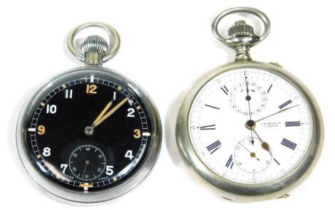 A 20thC ex military pocket watch, of circular form, in chrome case with ring top, marked GS/TP XX P4667 with crow's foot and black 5cm Dia. Arabic dial with subsidiary second hand and a further J W Benson pocket watch in plated case.