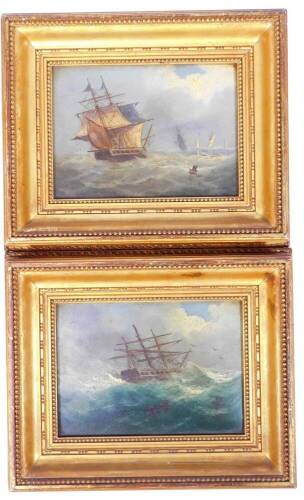 English School. Ship on rough seas with clouds gathering, oil on artist's board, 17cm x 22cm and another unsigned. (2)