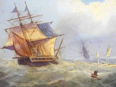 English School. Ship on rough seas with clouds gathering, oil on artist's board, 17cm x 22cm and another unsigned. (2) - 2