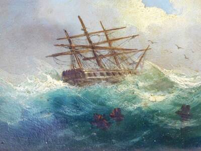 English School. Ship on rough seas with clouds gathering, oil on artist's board, 17cm x 22cm and another unsigned. (2) - 3