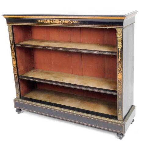 A 19thC ebonised bookcase, of rectangular form, with metal mounts and gilt stencilling, centred by three open shelves with a lower metal border, on compressed bun feet, 115cm H, 130cm W, 40cm D.