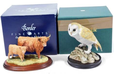 A Border Fine Arts figure group 167 Highland Cow and Calf, labelled beneath, 14cm H and another Teviotdale owl ornament, each boxed. (2)