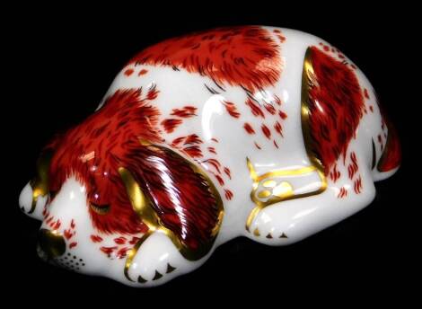 A Royal Crown Derby puppy paperweight ornament, gilt stopper, 6cm W. (boxed)