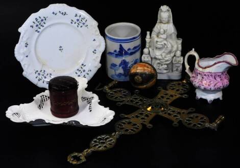 A Chinese blanc de chine semi porcelain figure, of a lady holding child with further children beneath, hollow, 23cm H, a white porcelain tricorn dish, 19thC plate, orb with gilt metal highlights, a pink lustre jug and a metal leather cased jar and cover, 