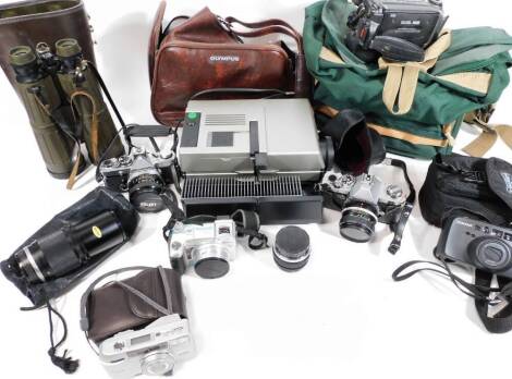 Various cameras, binoculars, related equipment, etc. an Olympus OM-2 camera with lense, 9cm H, various other associated items, Frank Niploe 8 x 56 field binoculars in fitted case, etc. (a quantity)