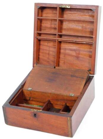 A late 19thC mahogany stationery box, of square form, the lid with an wide crossbanding revealing a fitted interior, 18cm H, 37cm W, 36cm D.