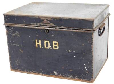 An early 20thC metal deeds box, of rectangular form, initialled HDB, 36cm H, 50cm W, 34cm D.