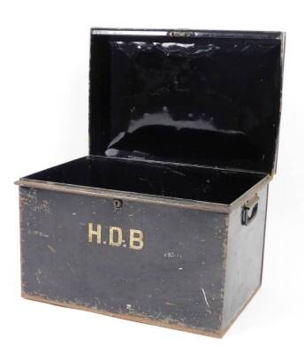 An early 20thC metal deeds box, of rectangular form, initialled HDB, 36cm H, 50cm W, 34cm D. - 2