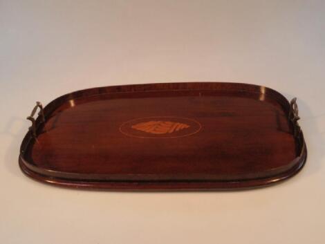 A mahogany two handled gallery tray with shell paterae 54cm<br