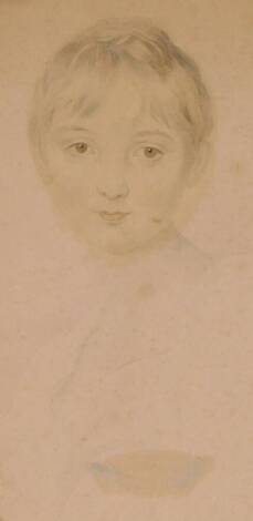 19thC School. Portrait of a child, pencil, in an elaborate gilt wood frame with fleur de lys style moulding to each corner, 38cm x 27cm.