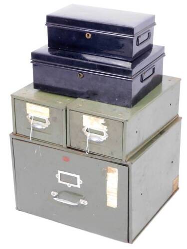 Two metal library card boxes, of rectangular form, in green with chrome front cup handles, 15cm H, 23cm W, 38cm D, a larger filing drawer and a cash tin in black. (4)