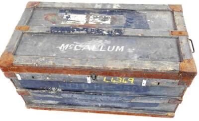 A late 19thC wooden trunk, of rectangular form, named Mccallum, with labels and side carrying handles, with metal mounts, 56cm H, 108cm W, 61cm D. - 3